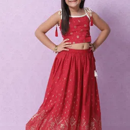 Biba Girls Red & Gold Ethnic Motifs Printed Ready to Wear Cotton Lehenga & Choli-picture-8
