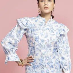 OCTICS White Floral Print Mandarin Collar Flutter Sleeve Cotton Shirt Style Top-46