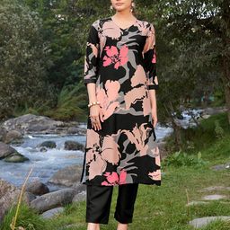 DRESOUL Floral Printed V-Neck Three-Quarter Sleeves Pure Cotton Kurta With Trouser-picture-10