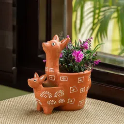ExclusiveLane Brown & White Hand-Painted Terracotta Table Planter Pot (7 Inches)-57