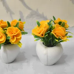 WELL ART GALLERY Yellow and Green 4 Pieces Rose Artificial Flower With Pot-image-3