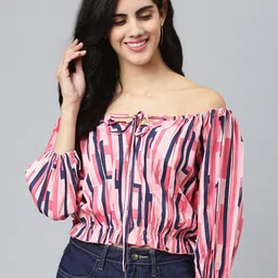 FLAMBOYANT Women Pink & Grey Striped Off-Shoulder Bardot Top-20