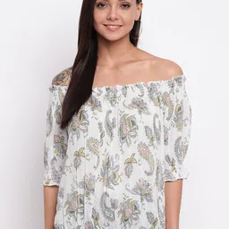 Mayra Ethnic Motif Printed Off-Shoulder Puff Sleeves Bardot Top-image-40