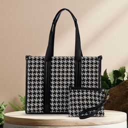 MINI WESST Geometric Printed Structured Tote Bag with Pouch-54