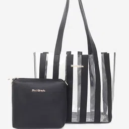 Black Spade Transparent Striped Shopper Tote Bag with Pouch-image-25