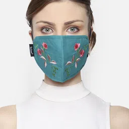 Anekaant Women Turquoise Blue Embroidered 3-Ply Reusable Cloth Mask-47
