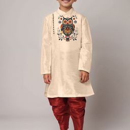 DEVOILER Boys Printed Regular Dupion Silk Kurta with Dhoti Pants-10