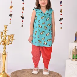 Sangria Girls Quirky Printed Shirt Collar Pure Cotton Kurti & Dhoti Pant-image-84
