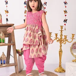 Kinder Kids Girls Floral Block Printed Pure Cotton A-Line Kurta With Dhoti Pant-image-62