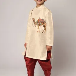 DEVOILER Boys Printed Regular Dupion Silk Kurta with Dhoti Pants image 4