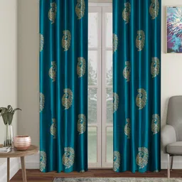 Home Sizzler Set Of 2 Teal Blue & Beige Peacock Printed Long Door Curtain-picture-26
