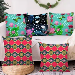 AEROHAVEN Green & Red Set of 5 Ethnic Motifs Square Cushion Covers-13
