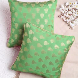 SAKA DESIGNS Green & Pink Set of 2 Ethnic Motifs Square Cushion Covers-1