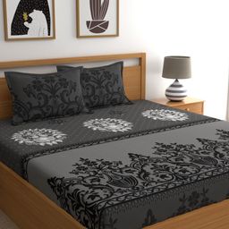 Dreamscape Grey & White Ethnic Motifs 144 TC Queen Bedsheet with 2 Pillow Covers-image-53