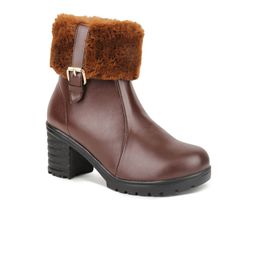 VALIOSAA Women Brown Solid Heeled Winter Boots-image-65