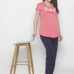 AV2 Women Peach-Coloured & Navy Blue Pure Cotton Printed Night suit-image-10