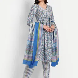Krati Creations Printed Empire Mirror Work Pure Cotton Kurta With Trousers & Dupatta image 4