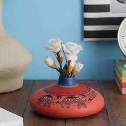 VarEesha Coral-Coloured & Blue Hand-Painted Madhubani Terracotta Flat Flower Vase-image-43