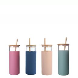 WELOUR Blue & Pink 4 Pcs Glass Cups with straw 450 ml-image-9