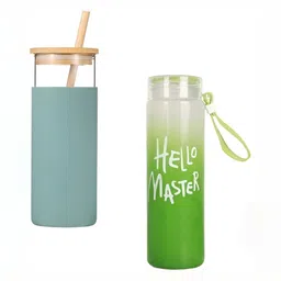 WELOUR Green and Transparent 2 Pieces Glass Water Bottle 500 ml each-13