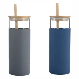 WELOUR Blue and Grey 2 Pieces Glass Water Bottle 500 ml each-image-57