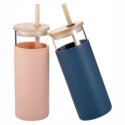 WELOUR Blue & Peach 2Pcs Glass Water Bottles 500ml Each-image-11