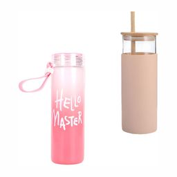 WELOUR Brown & Pink 2 Pieces Typography Printed Glass Water Bottles 500 ml Each-image-16