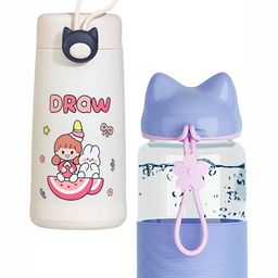 WELOUR Blue & White 2 Pieces Printed Glass Water Bottles 340ml Each-image-91