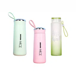 WELOUR Green & Pink 3 Pieces Typography Print Glass Water Bottles 500ml Each-14