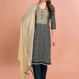 Anouk Ethnic Motifs Printed Regular Thread Work Pure Cotton Kurta with Pyjamas & Dupatta image 1