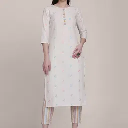 KALINI Printed Round Neck Three-Quarter Sleeves Thread Work Kurta with Trousers-image-9