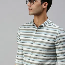SHOWOFF Men Grey Classic Slim Fit Horizontal Stripes Striped Cotton Casual Shirt-image-81