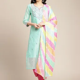 Varanga Women Sea Green Floral Embroidered Regular Chanderi Cotton Kurta with Trousers & With Dupatta-image-12