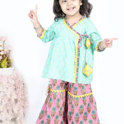 BownBee Girls Green Block Print Pure Cotton Angrakha Kurti with Sharara Set-image-2