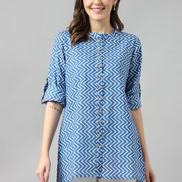 KALINI Geometric Print Mandarin Collar Roll-Up Sleeves Cotton Shirt Style Longline Top-image-19
