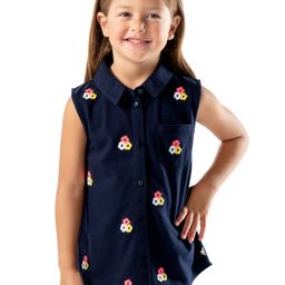 Cherry Crumble Girls Navy Blue Embroidered Shirt-Style Cotton Top-image-87