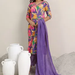 Libas Floral Printed Sequinned Straight Kurta with Trousers & Dupatta-picture-1
