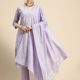 Sangria Women Floral Embroidered Pure Cotton Kurta with Trousers & With Dupatta-54