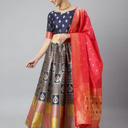 Lilots Navy Blue & Red Semi-Stitched Lehenga & Unstitched Blouse With Dupatta-picture-42