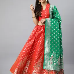 Lilots Red & Sea Green Semi-Stitched Lehenga & Unstitched Blouse With Dupatta-picture-1