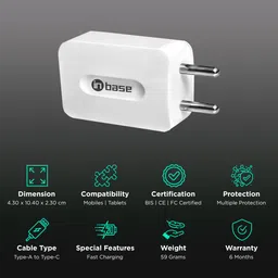 Inbase Type A 2-Port Fast Charger (Type A to Type C Cable, Multiple Protection, White) image 2