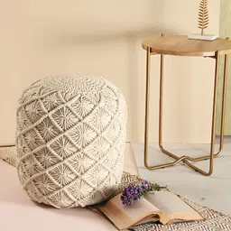 Manor House White Macrame Wooden Round Ottoman-image-91