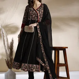 Anouk Printed Angrakha Kurta & Trousers With Dupatta-picture-0