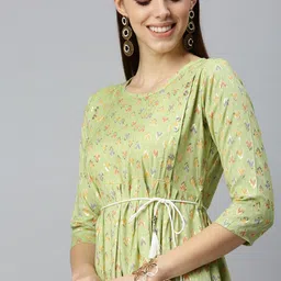 SHOWOFF Women Lime Green Ikat Printed Three-Quarter Sleeves Round Neck Kurta-image-6