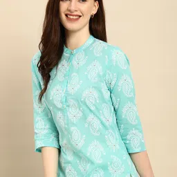 all about you Women Turquoise Blue & White Printed Pure Cotton Straight Kurta-11