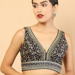Soch Women Navy Blue Embellished Saree Blouse-image-1