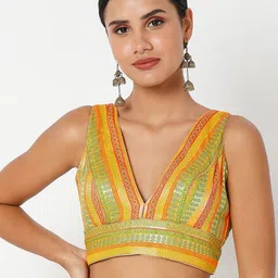 SALWAR STUDIO Women Yellow & Red Self Design Readymade Saree Blouse-picture-12