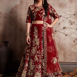ODETTE Maroon & Gold-Toned Embroidered Semi-Stitched Lehenga & Unstitched Blouse With Dupatta-image-19