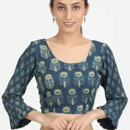 Llajja Women Turquoise Blue Printed Cotton Saree Blouse-image-12