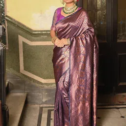 Anouk Blue & Purple Ethnic Motifs Woven Design Jacquard Zari Saree-image-66